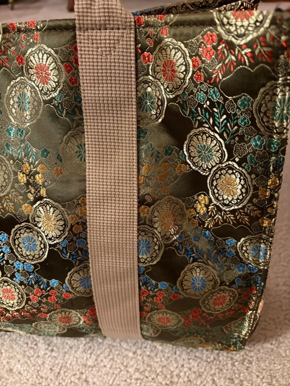 Oriental Olive Green Vibrant Floral Jacquard Satin Tote Bag with Beige Straps - Picture 7 of 16